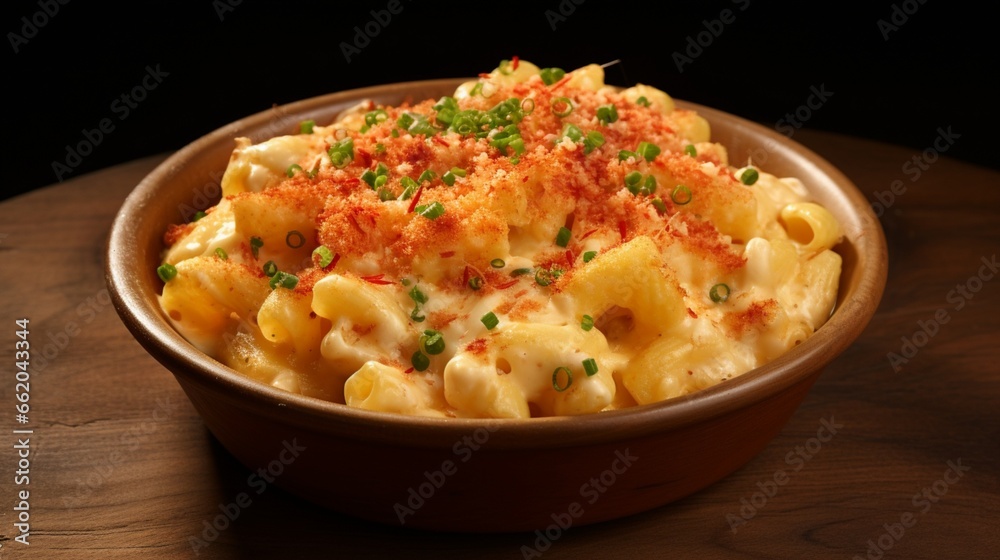 A bowl of creamy lobster macaroni and cheese, with chunks of succulent lobster throughout. A bowl of creamy lobster macaroni and cheese, with chunks of succulent lobster throughout.