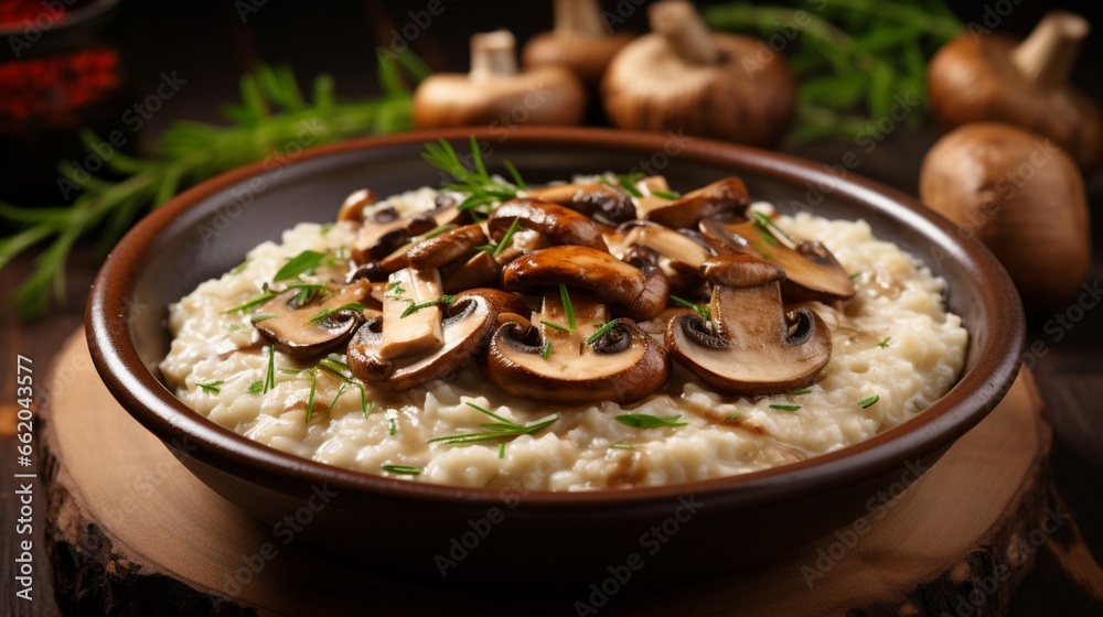 A bowl of creamy mushroom risotto, with each grain of rice perfectly cooked.