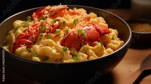 A bowl of creamy lobster macaroni and cheese, with chunks of succulent lobster throughout.