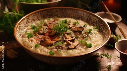 A bowl of creamy mushroom risotto, with each grain of rice perfectly cooked.