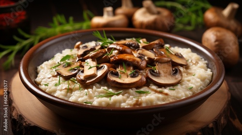 A bowl of creamy mushroom risotto, with each grain of rice perfectly cooked.