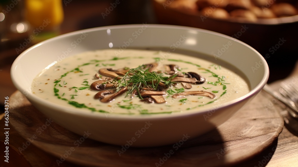 A bowl of creamy mushroom soup, garnished with fresh herbs and a swirl of truffle oil. A bowl of creamy mushroom soup, garnished with fresh herbs and a swirl of truffle oil.
