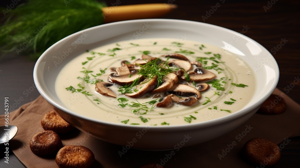 A bowl of creamy mushroom soup, garnished with fresh herbs and a swirl of truffle oil. A bowl of creamy mushroom soup, garnished with fresh herbs and a swirl of truffle oil.