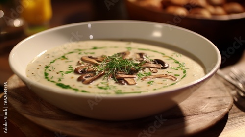 A bowl of creamy mushroom soup, garnished with fresh herbs and a swirl of truffle oil.