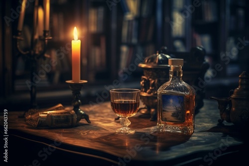 Mysterious ambiance: discovering allure through a glass of spirits in a dim and atmospheric setting. Generative AI