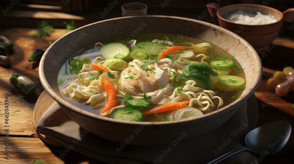 A bowl of hearty chicken noodle soup, filled with tender pieces of chicken, vegetables, and egg noodles.