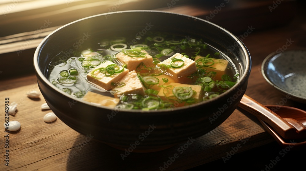 A bowl of miso soup, with tofu, seaweed, and green onions floating in a savory broth. A bowl of miso soup, with tofu, seaweed, and green onions floating in a savory broth.