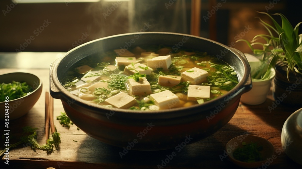 A bowl of miso soup, with tofu, seaweed, and green onions floating in a savory broth. A bowl of miso soup, with tofu, seaweed, and green onions floating in a savory broth.