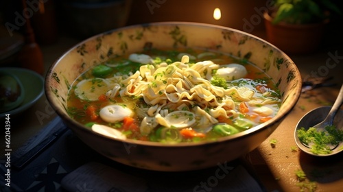A bowl of hearty chicken noodle soup, filled with tender pieces of chicken, vegetables, and egg noodles.