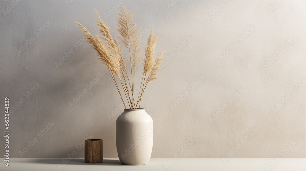 Ceramic vase and a dried plant are used in a minimalist interior design with a minimal boho neutral 3D as the background.