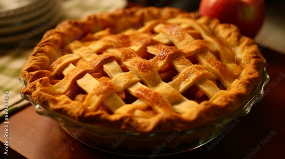 A close-up of a classic apple pie, with a golden lattice crust and a cinnamon-spiced apple filling. A close-up of a classic apple pie, with a golden lattice crust and a cinnamon-spiced apple filling.