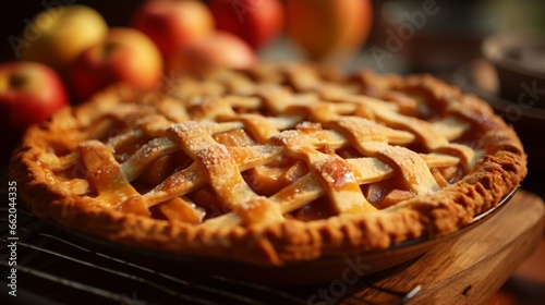A close-up of a classic apple pie, with a golden lattice crust and a cinnamon-spiced apple filling.