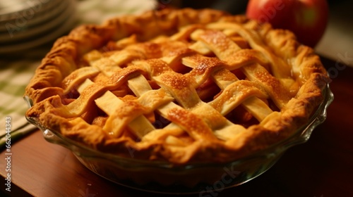 A close-up of a classic apple pie, with a golden lattice crust and a cinnamon-spiced apple filling.