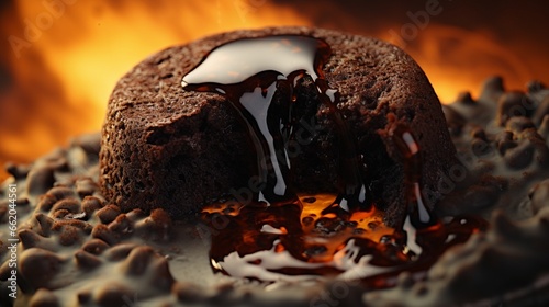 A close-up of a gooey and indulgent chocolate lava cake, with a molten center. photo