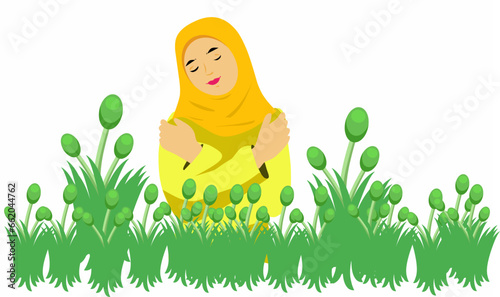 Vector illustration, a Muslim woman is in a flower garden with isolated white background 