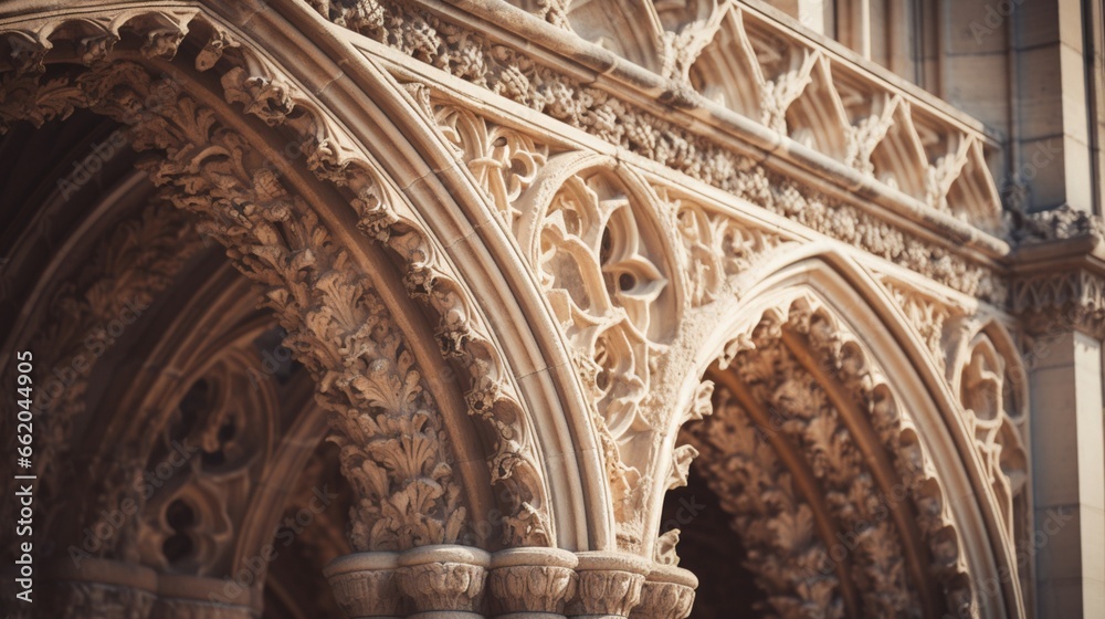 Close-up of a gothic archway with intricate stone carvings.