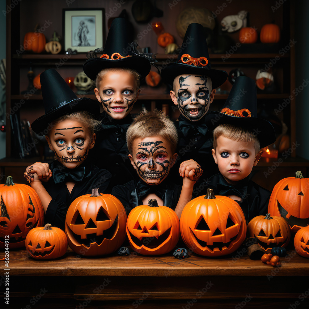 Fototapeta premium A group of children in costumes and with pumpkins at home for Halloween. Generative AI