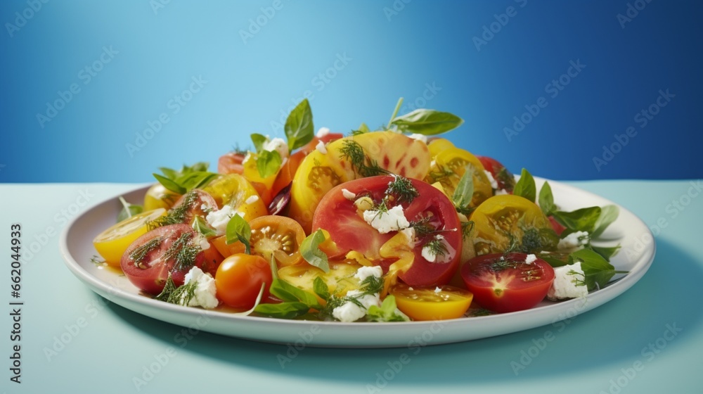 A close-up of a refreshing summer salad featuring heirloom tomatoes, vibrant greens, and feta cheese, arranged on a white porcelain plate against a gradient background transitioning from teal to aqua.