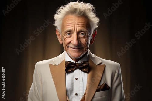 Portrait of smiling senior man on brown background