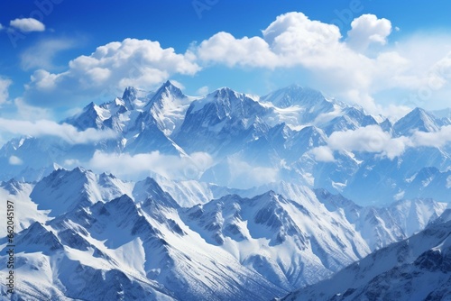 snowy mountain range under blue sky with clouds. Generative AI