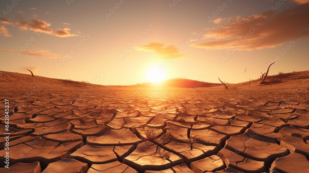 Close-up of cracked desert ground under a scorching sun. - obrazy, fototapety, plakaty 