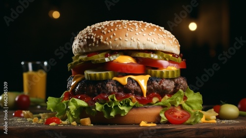 A juicy and perfectly grilled burger  layered with cheese  lettuce  tomatoes  and pickles.