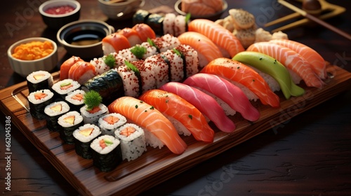 A mouthwatering sushi platter featuring an array of colorful rolls, fresh sashimi, and pickled ginger.