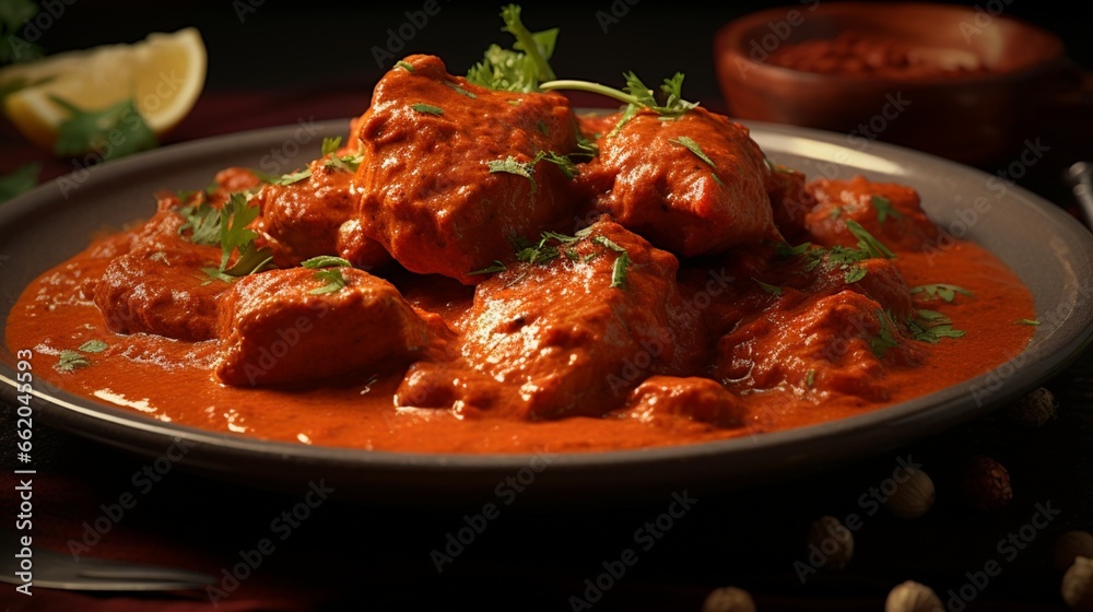 A plate of chicken tikka masala, with tender pieces of chicken in a rich and flavorful curry sauce. A plate of chicken tikka masala, with tender pieces of chicken in a rich and flavorful curry sauce.
