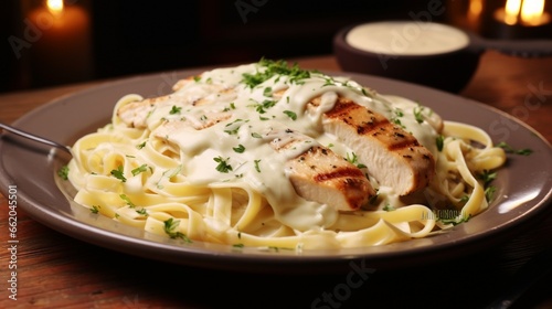 A plate of chicken Alfredo pasta, with creamy Alfredo sauce coating each strand of fettuccine. © Noreen
