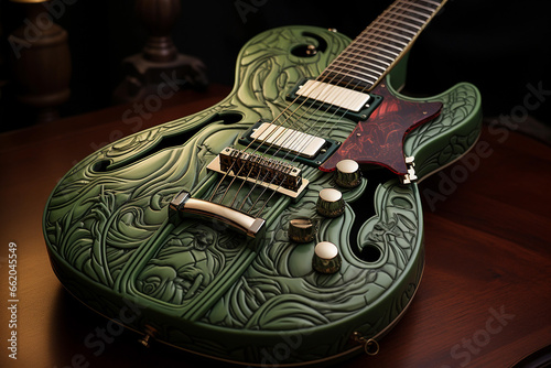 Green electric guitar with beautiful carving on wooden table