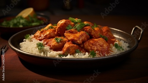 A plate of chicken tikka masala, with tender pieces of chicken in a rich and flavorful curry sauce.