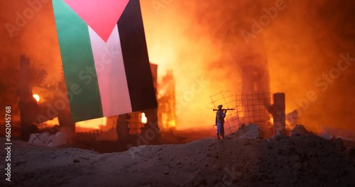 Conflict between Israel and Palestine concept. Burning and destroyed city by war. Concept of crisis of war creative decoration. Selective focus