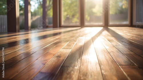 Close-up of hardwood flooring with sunlight shining through window photo