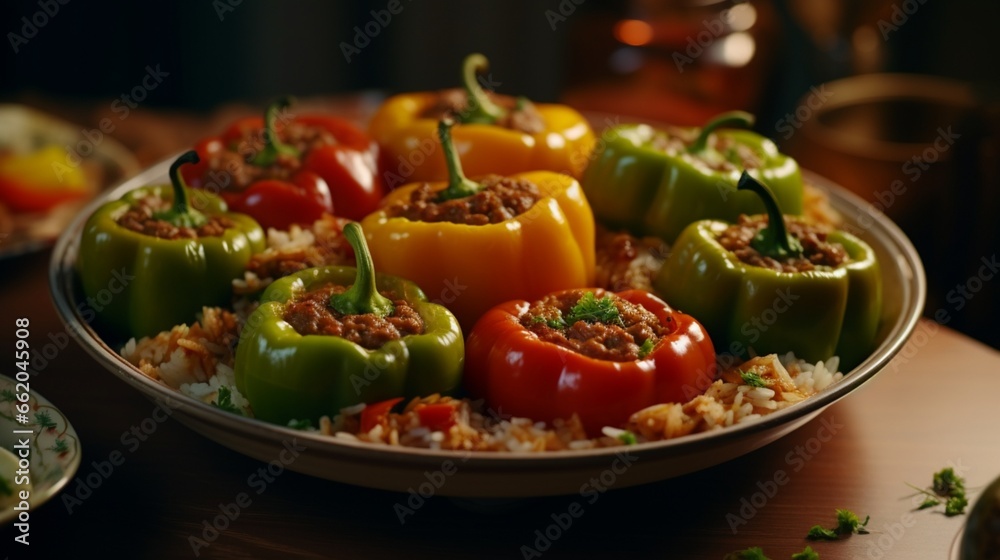A plate of stuffed bell peppers, filled with a savory mix of ground meat, rice, and vegetables.