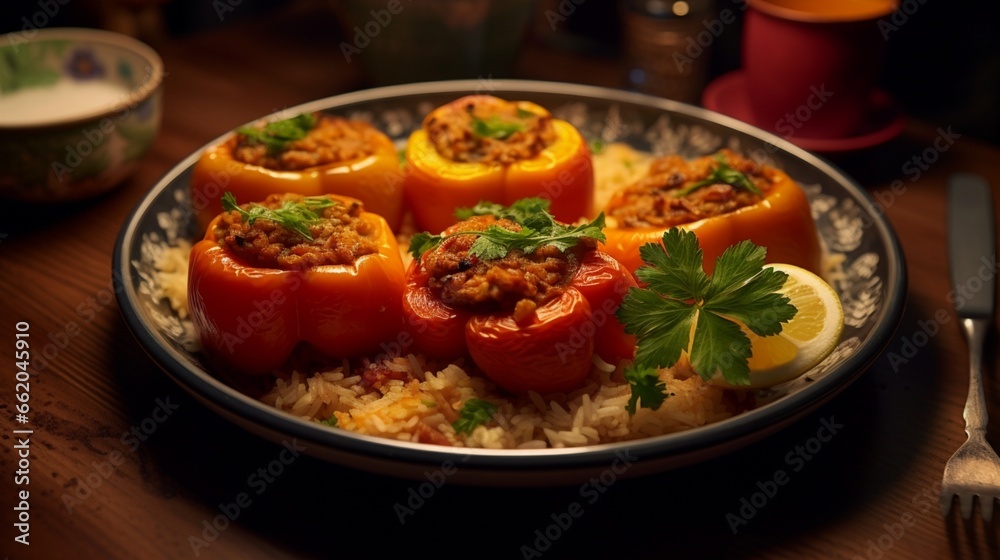 A plate of stuffed bell peppers, filled with a savory mix of ground meat, rice, and vegetables.