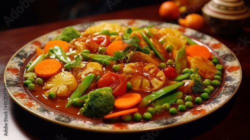 A plate of vegetable curry, with a colorful medley of vegetables in a fragrant and spicy sauce.