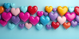 A light blue wall decorated with colorful plastic hearts balloons. A wall for a Valentine's Day photo shoot. Banner with hearts. Copy space