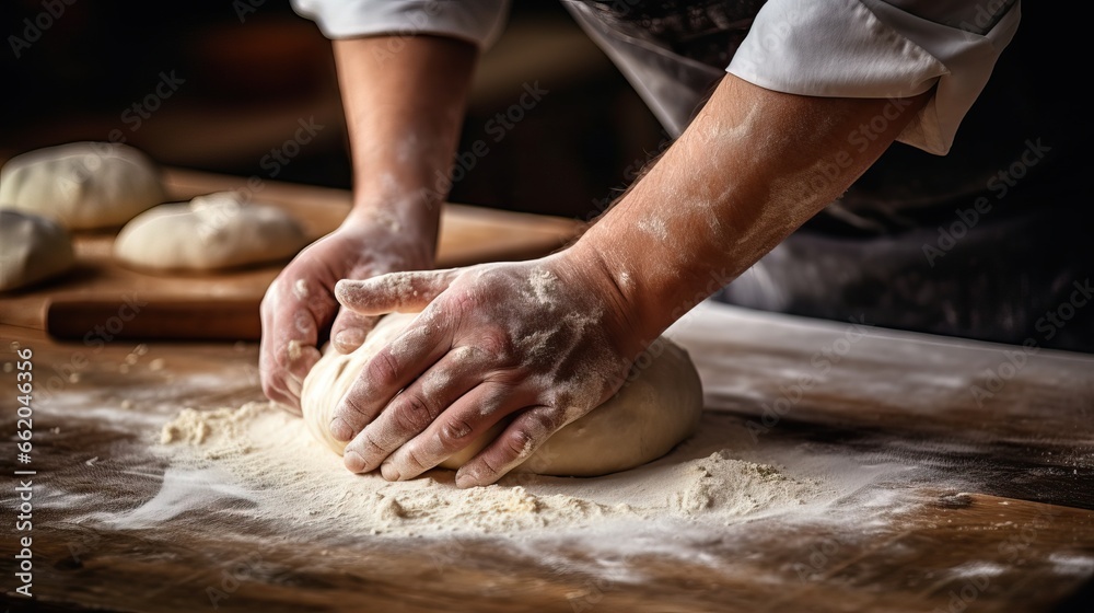 Beautiful and strong mens hands knead the dough make bread, pasta or pizza.