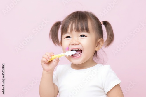 Cute Little Asian Girl Brushing Teeth on Pink Background