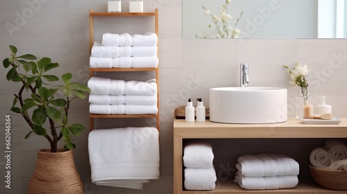 Neatly Arranged White Towels on Bathroom Shelf, Elegant Interior Detail © Nick Alias