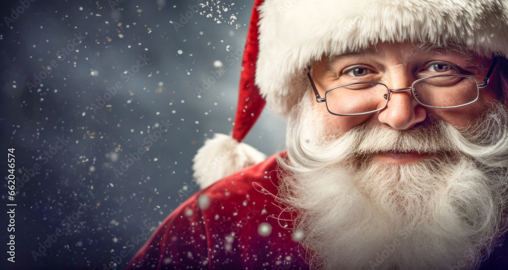 santa claus wearing glasses and hat looking at camera with copy space. Christmas theme, sales, space for your holiday text. santa claus wearing glasses and hat looking at camera with copy space. Christmas theme, sales, space for your holiday text.