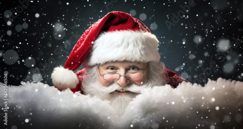 santa claus wearing glasses and hat looking at camera in snow with copy space. Christmas theme, sales, space for your holiday text. © Danny