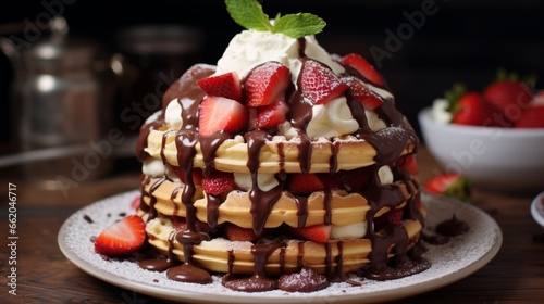 A tower of fluffy, golden waffles topped with strawberries, whipped cream, and a drizzle of chocolate.
