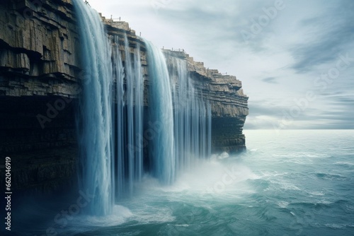 A cascading natural formation of water flowing down a cliff. Generative AI