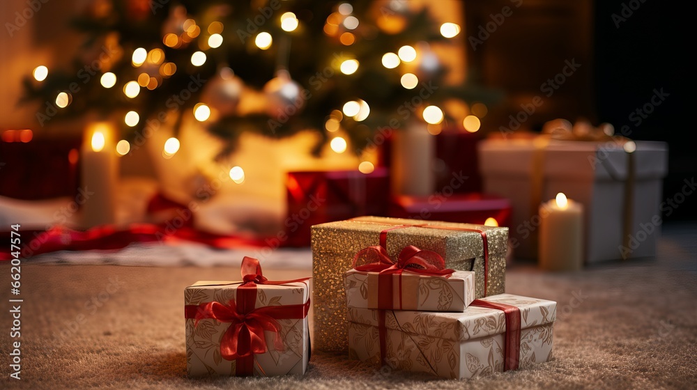 New Year's, pile of gift boxes on floor near beautiful christmas pine tree on rustic background New Year's, pile of gift boxes on floor near beautiful christmas pine tree on rustic background