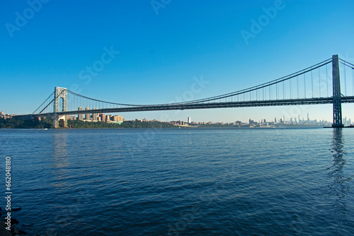 George Washington Bridge with reflection in the Hudson River viewed from Ross Dock picnic area, Fort Lee, NJ -26