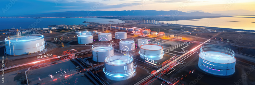 oil and gas power plant refinery with storage tanks facility for oil production or petrochemical factory infrastructure and demand price chart concepts as wide banner hologram hud datum data - obrazy, fototapety, plakaty 
