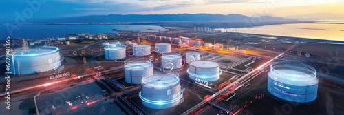 oil and gas power plant refinery with storage tanks facility for oil production or petrochemical factory infrastructure and demand price chart concepts as wide banner hologram hud datum data photo
