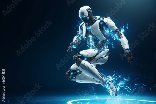 Robot humanoid on blue background. 3D rendering. Cyborg in a futuristic space. © vachom