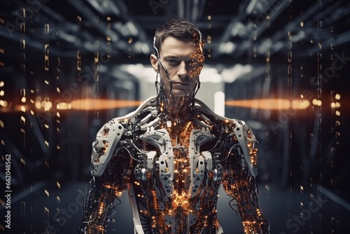 Portrait of a male cyborg in a futuristic space. 3D rendering.